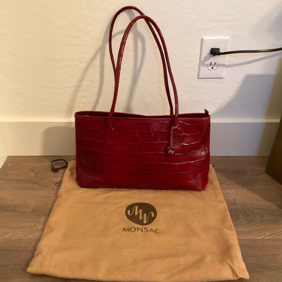 Monsac red faux crocodile embossed leather tote - Picture 3 of 12